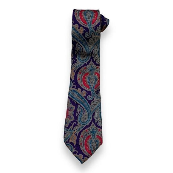 Vintage Henry Grethel Tie Blue Red Classic Paisley Print Silk Crepe Necktie - Picture 2 of 6